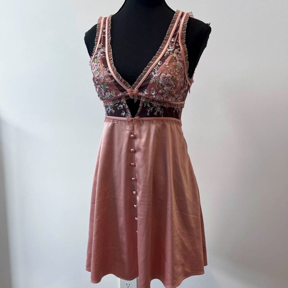 For Love & Lemons Dusty Rose Embroidered Satin Chemise